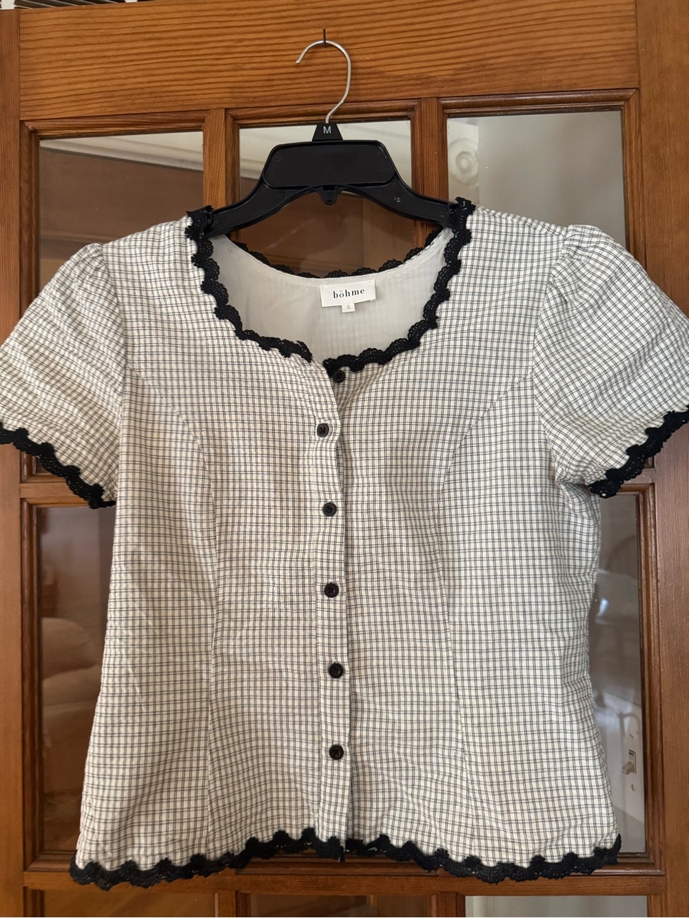 bohme Black & White Gingham Button-Front Puff Sleeve Top with Scalloped Trim